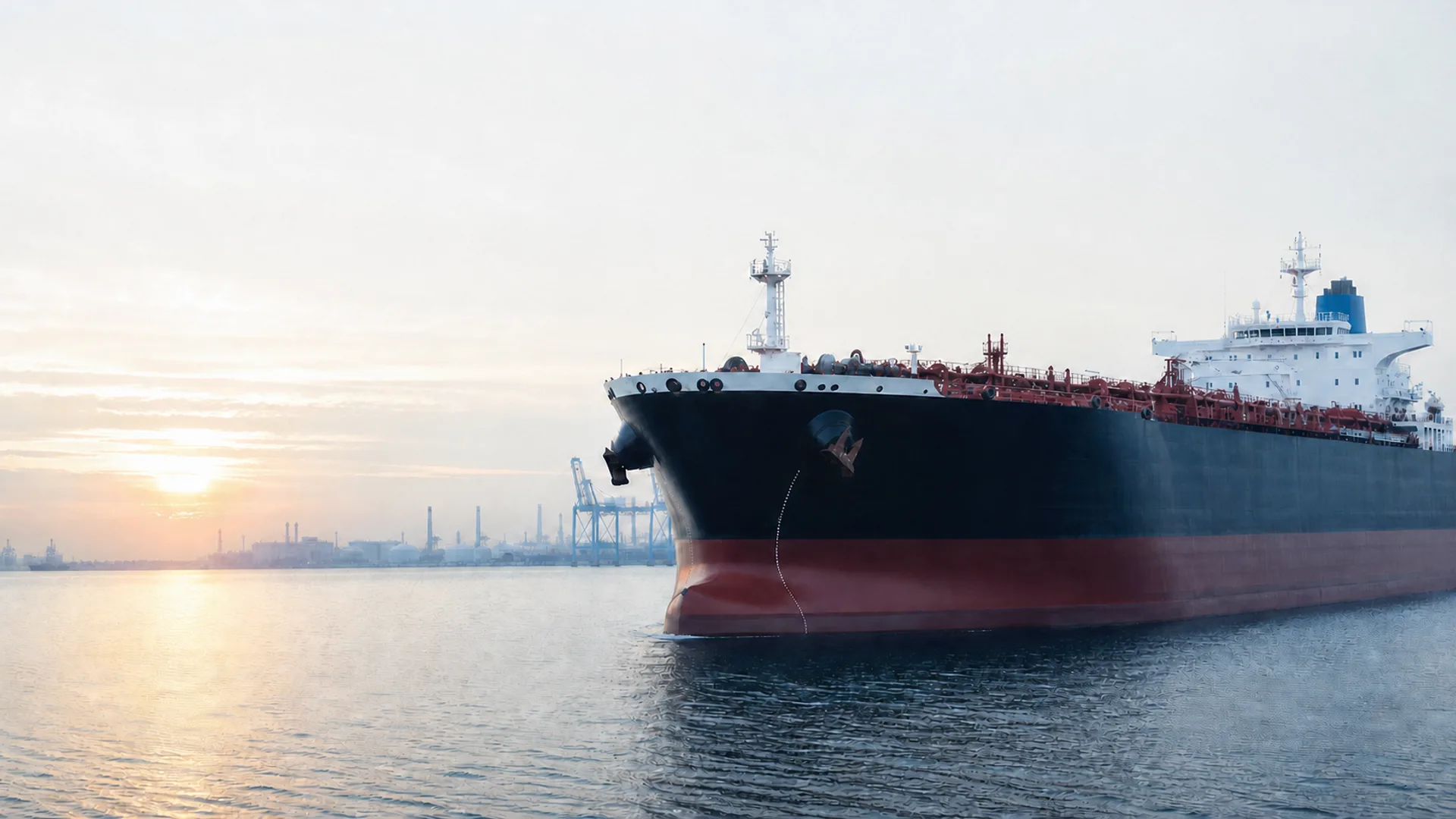 Crude oil tanker operating near a commercial port.