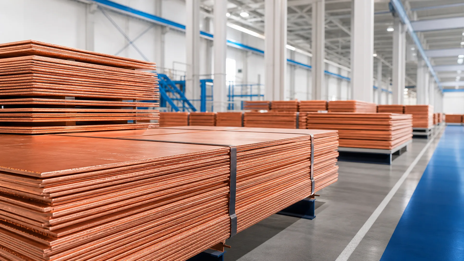 Stacked copper cathodes in a warehouse.